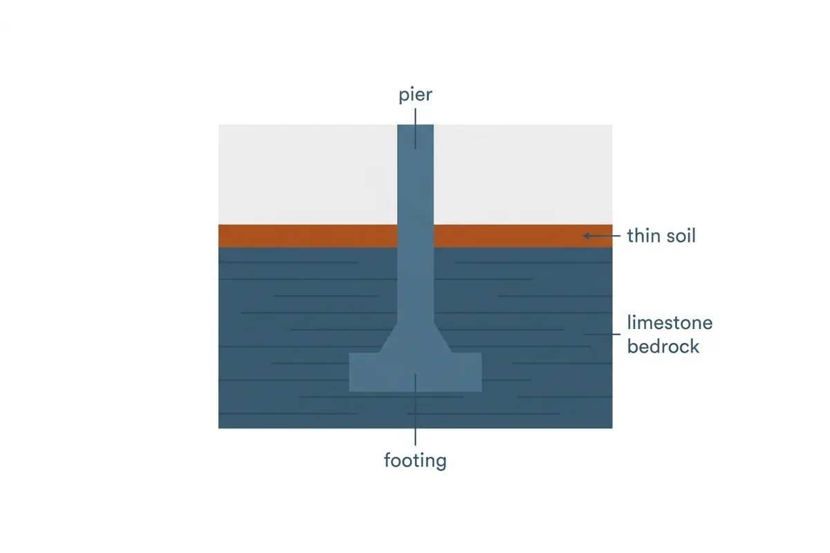 Cutaway diagram: pier passing thin Central Basin soil to limestone bearing beneath a footing