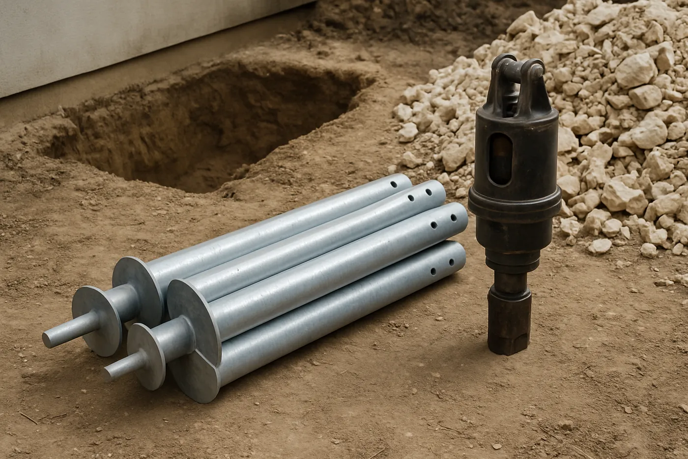 Steel pier sections and hydraulic drive head staged beside a footing excavation at a Murfreesboro home